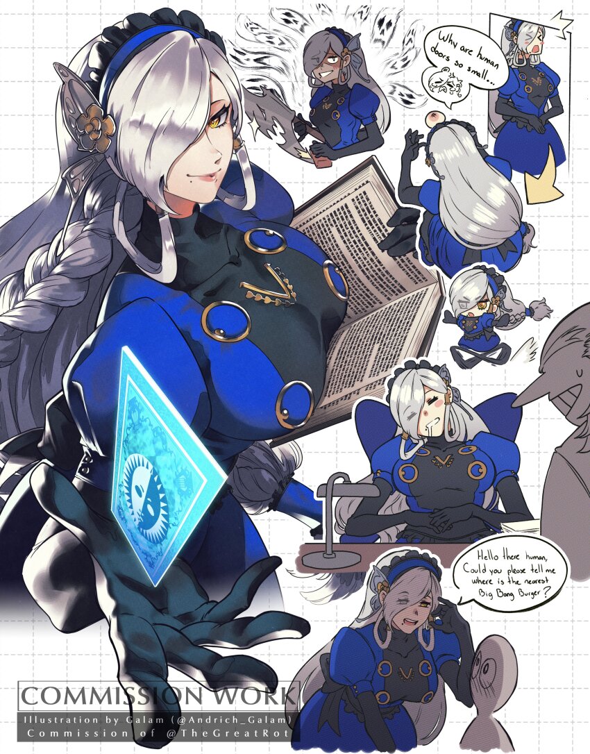 1girl absurdres aged_up alternate_height andrich_galam blue_dress blue_hairband book breasts butterfly_hair_ornament card dress elbow_gloves gloves grey_hair hair_ornament hairband highres igor_(persona) lavenza_(persona_5) long_hair medium_breasts persona persona_5 sleeping smile very_long_hair yellow_eyes