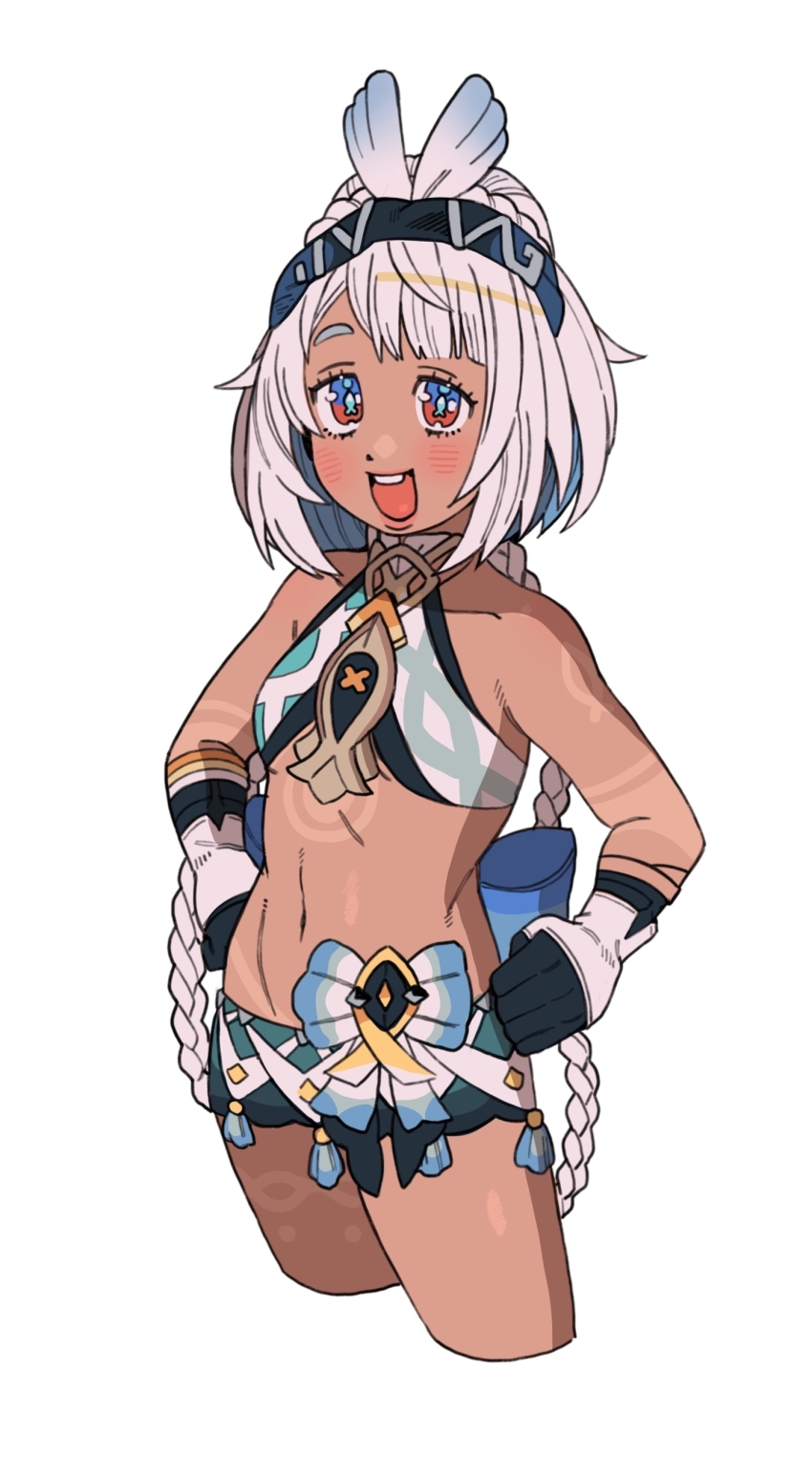 1girl absurdres black_gloves blue_eyes blue_hair body_markings braid breasts chinchilla_ears chinchilla_girl colored_inner_hair commentary commentary_request cropped_legs english_commentary eyebrows_hidden_by_hair fish-shaped_pupils genshin_impact gloves hairband hands_on_own_hips highres long_hair low_twin_braids lowleg lowleg_shorts mixed-language_commentary mualani_(genshin_impact) multicolored_eyes multicolored_hair open_mouth red_eyes round_teeth russian_commentary short_shorts shorts sling_bikini_top small_breasts smile solo superfj47 tan tanline teeth twin_braids two-tone_eyes two-tone_hair upper_teeth_only very_long_hair white_hair