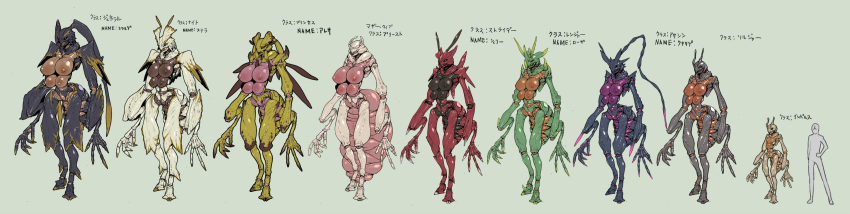 antennae breasts bug chart dokumushi extra_breasts furry highres bug arthropod_girl large_breasts long_image multiple_girls nipples size_difference standing translation_request veins veiny_breasts wide_image