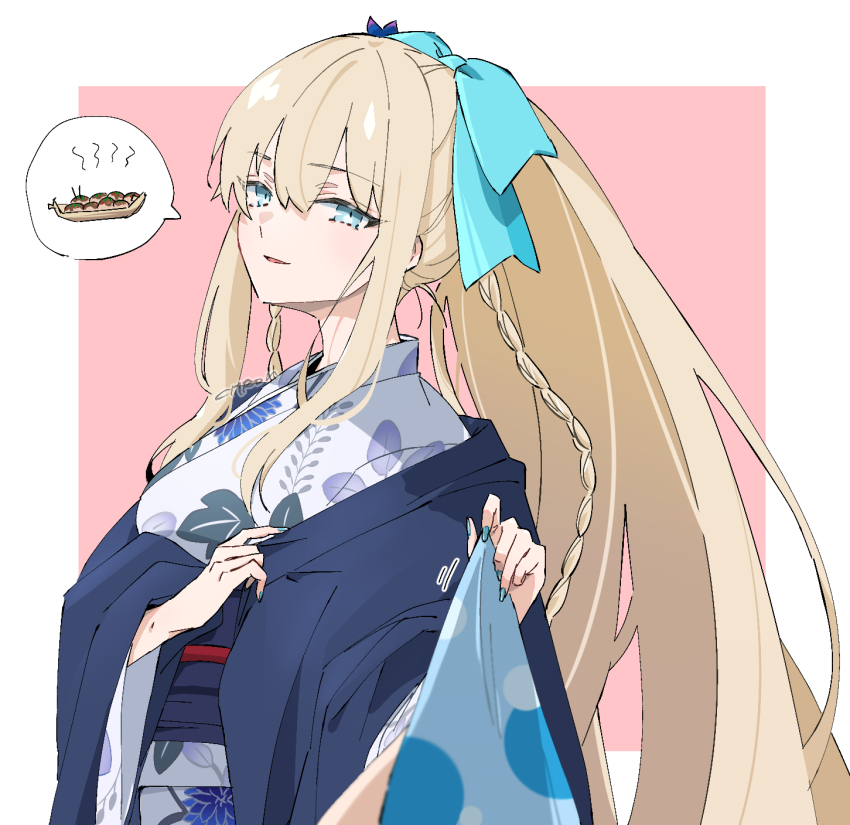 1girl blonde_hair blue_eyes blue_kimono bow braid breasts citron80citron fate/grand_order fate_(series) food hair_bow highres japanese_clothes kimono large_breasts layered_clothes layered_kimono leaf_print long_hair long_sleeves looking_at_viewer morgan_le_fay_(fate) morgan_le_fay_(fgo_fes._2023)_(fate) parted_lips ponytail sidelocks smile solo speech_bubble takoyaki very_long_hair white_kimono wide_sleeves