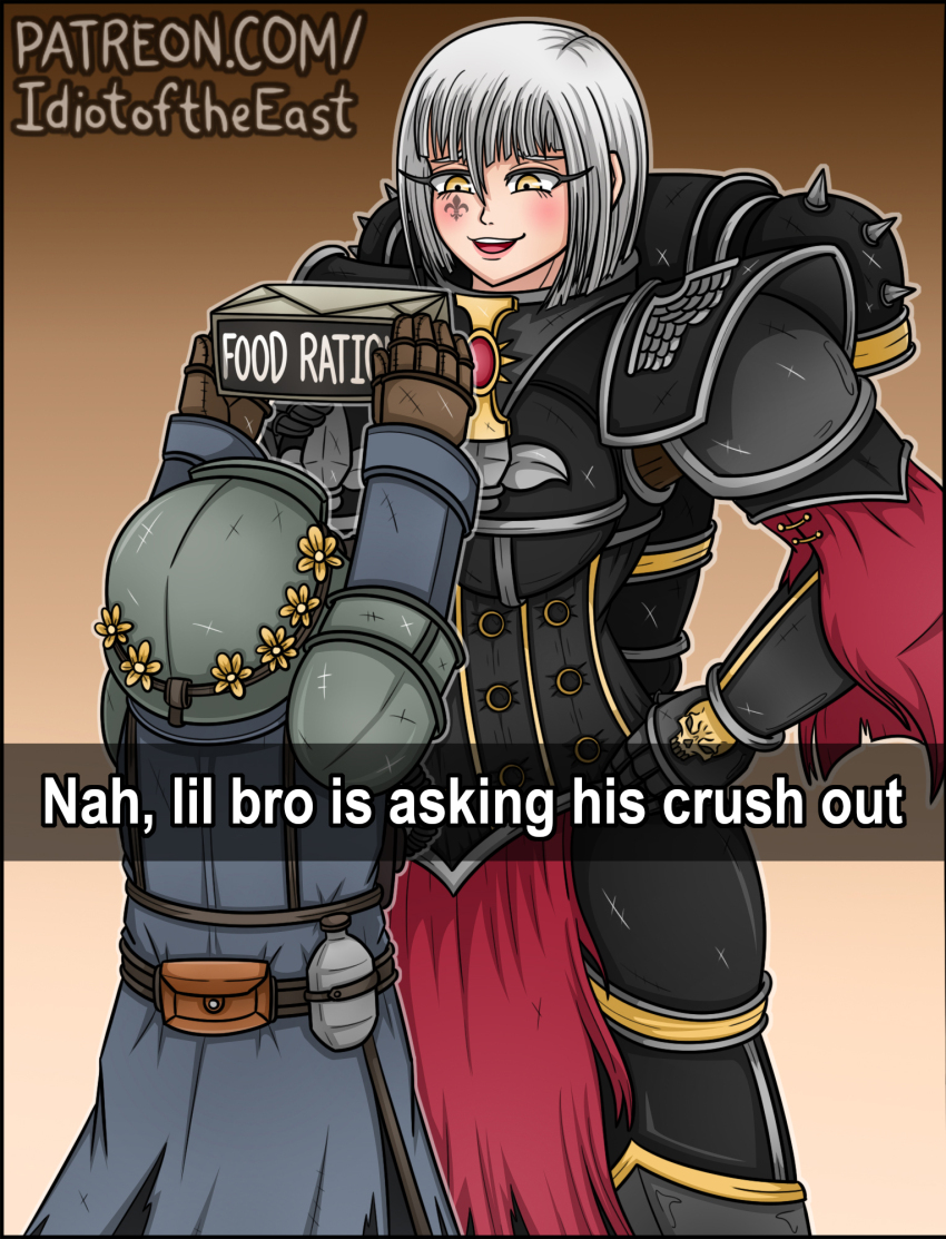 1boy 1girl adepta_sororitas armor astra_militarum confession death_korps_of_krieg english_text facial_tattoo flower flower_wreath gloves hands_on_own_hips head_wreath height_difference helmet highres idiot_of_the_east loincloth military_uniform pauldrons shoulder_armor size_difference snapchat standing tattoo warhammer_40k white_hair yellow_eyes