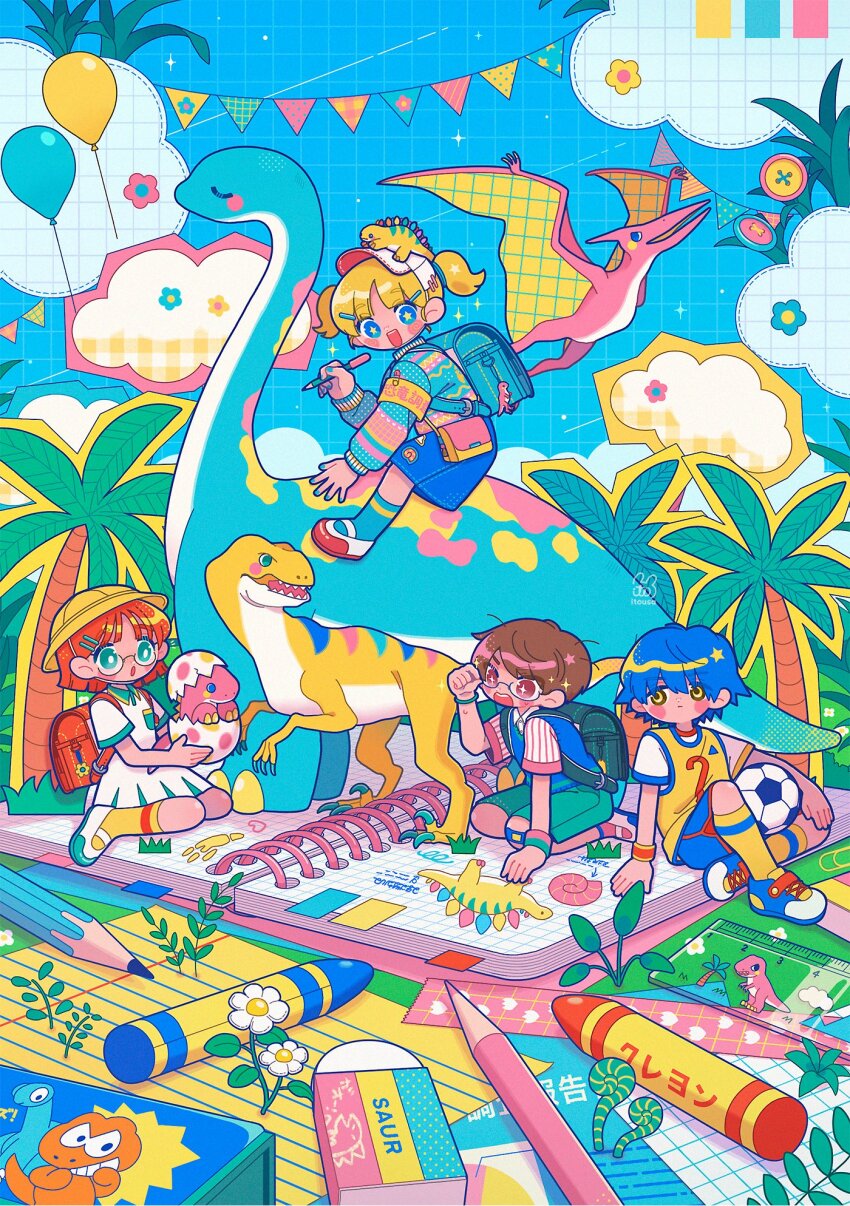 2boys 2girls backpack bag ball blonde_hair blue_eyes blue_hair brown_hair child cloud colorful crayon dinosaur egg eraser flower glasses hat highres itousa multiple_boys multiple_girls notepad orange_hair original palm_tree randoseru round_eyewear short_hair short_twintails sitting sky smile soccer_ball soccer_uniform sportswear tree twintails yellow_hat