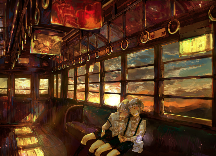 2boys aged_down bad_id brothers cloud emmet_(pokemon) gen_5_pokemon ingo_(pokemon) joltik litwick multiple_boys nintendo ohigeno pokemon pokemon_(creature) pokemon_bw red_sky siblings silver_hair sky sleeping slice_of_life subway suspenders train train_interior twins