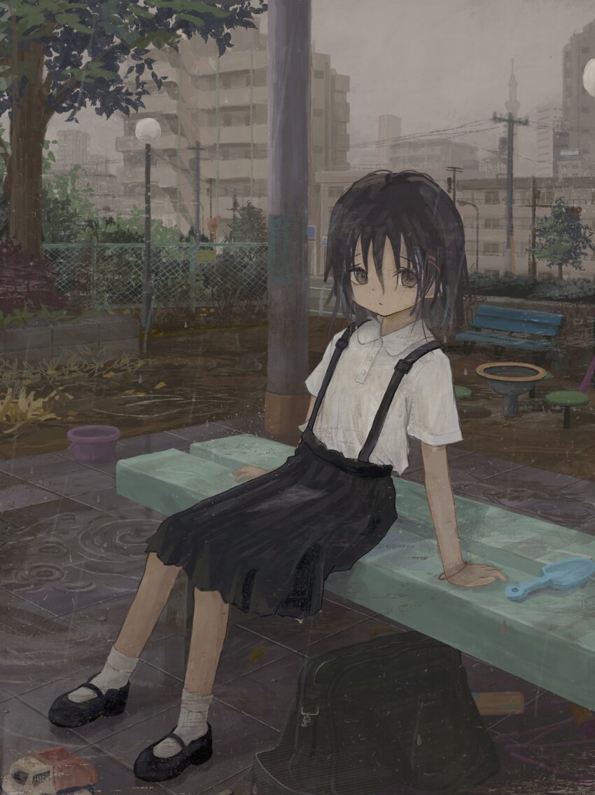 1girl absurdres bag bench black_bag black_hair black_shoes black_skirt bracelet bucket building city collared_shirt commentary fence fog grey_sky highres jewelry looking_at_viewer mani_tamlyn mary_janes original outdoors park parted_lips power_lines rain shirt shoes short_sleeves skirt sky socks solo suspender_skirt suspenders symbol-only_commentary toy_truck tree water wet wet_clothes white_shirt white_socks