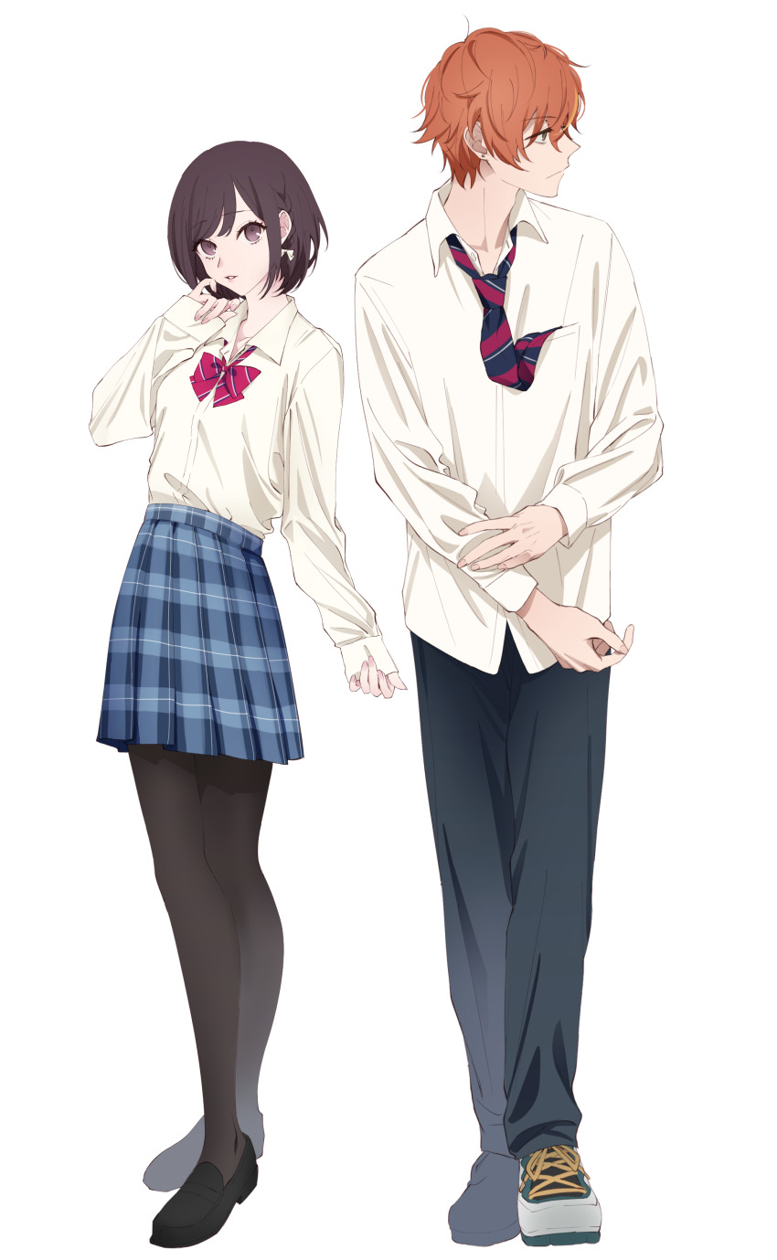 1boy 1girl absurdres adam&#039;s_apple ahoge arm_at_side back-to-back black_necktie black_pants black_pantyhose black_shoes blue_skirt bob_cut bow bowtie braid breasts brother_and_sister brown_eyes brown_hair collared_shirt commentary_request crossed_legs diagonal-striped_bow diagonal-striped_bowtie diagonal-striped_clothes diagonal-striped_necktie earrings fingernails green_eyes hair_between_eyes hand_on_own_arm hand_up height_difference high-waist_skirt highres jewelry kamiyama_high_school_uniform_(project_sekai) loafers long_sleeves looking_ahead looking_at_viewer miniskirt necktie necktie_in_pocket orange_hair pants pantyhose parted_lips pocket profile project_sekai red_bow red_bowtie red_necktie sa_tsuko school_uniform shinonome_akito shinonome_ena shirt shirt_tucked_in shoelaces shoes short_hair siblings simple_background single_braid skirt sleeves_past_wrists small_breasts sneakers standing striped_clothes stud_earrings swept_bangs white_background white_shirt