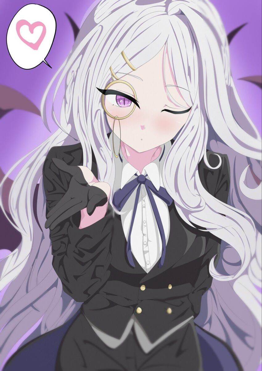 1girl ;d alternate_costume black_gloves black_pants black_suit blowing_kiss blue_archive blue_bow blue_bowtie bow bowtie butler buttons collared_shirt commentary_request demon_girl demon_horns demon_wings formal_clothes gloves half_gloves heart highres hina_(blue_archive) horns jacket lapels long_hair long_sleeves looking_at_viewer monocle monocle_chain one_eye_closed open_mouth pants parted_bangs parted_lips purple_eyes shawl_lapels shirt sidelocks simple_background smile solo spoken_heart suit suit_jacket uirou_(uirou2024) wavy_hair white_hair white_shirt wings
