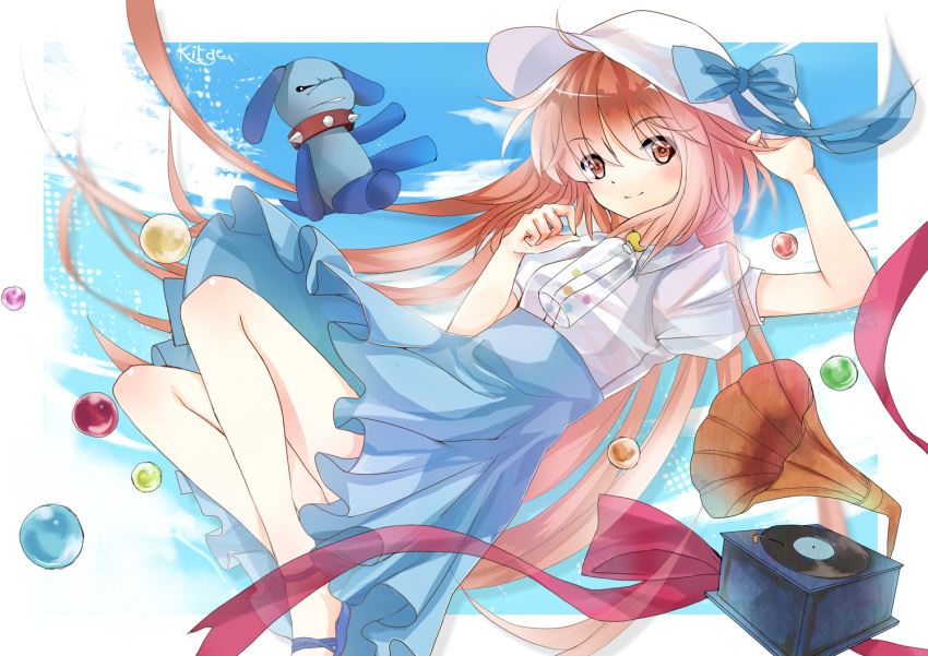 00s 1girl ball blush brown_eyes brown_hair dog dress female_focus hanato_kobato hat ioryogi kita_(kitairoha) kobato. long_hair open_mouth phonograph smile solo stuffed_animal stuffed_toy very_long_hair