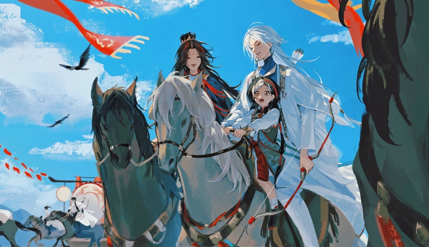 3girls absurdres ahoge arrow_(projectile) banner bird black_bird black_hair black_horse black_shoes blue_sky bow_(weapon) brown_eyes chinese_clothes chinese_commentary closed_eyes cloud coat commentary_request drum du_ruo_(path_to_nowhere) earrings eyeliner facial_mark forehead_jewel forehead_mark highres holding holding_bow_(weapon) holding_reins holding_weapon horseback_riding houraisan_chouko instrument jewelry long_hair makeup mandarin_collar mismatched_earrings multicolored_hair multiple_girls open_clothes open_coat parted_bangs path_to_nowhere people red_eyeliner reins riding saddle shoes sky streaked_hair weapon white_coat white_hair white_horse yanyan_(path_to_nowhere) yao_(path_to_nowhere)