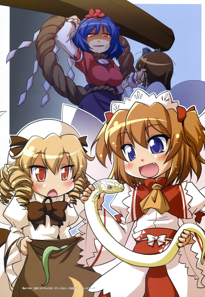 4girls absurdres anger_vein artist_request bag blonde_hair blush bow brown_hair dress drill_hair fairy fairy_wings fang female_focus hair_bow hair_ornament hat head_grab highres long_hair luna_child maid_headdress multiple_girls nino_(nino_imo) onbashira purple_eyes purple_hair red_eyes rope shimenawa short_hair short_twintails snake star_sapphire sunny_milk touhou twintails wings yasaka_kanako