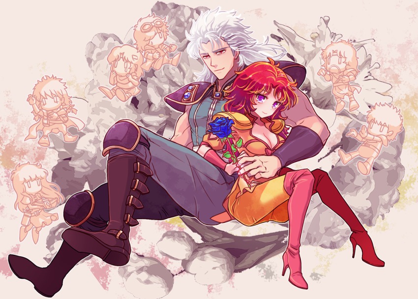 airi_(hokuto_no_ken) arm_around_waist bad_id bad_pixiv_id bat_(hokuto_no_ken) blue_flower blue_rose boots breasts brown_footwear chibi cleavage flower high_heel_boots high_heels hokuto_no_ken juda kenshiro knee_boots lin_(hokuto_no_ken) mamiya_(hokuto_no_ken) mayuzumi medium_breasts purple_eyes red_eyes red_hair rei_(hokuto_no_ken) rose shoulder_pads size_difference smile toki_(hokuto_no_ken) white_hair wristband yuda_(hokuto_no_ken)