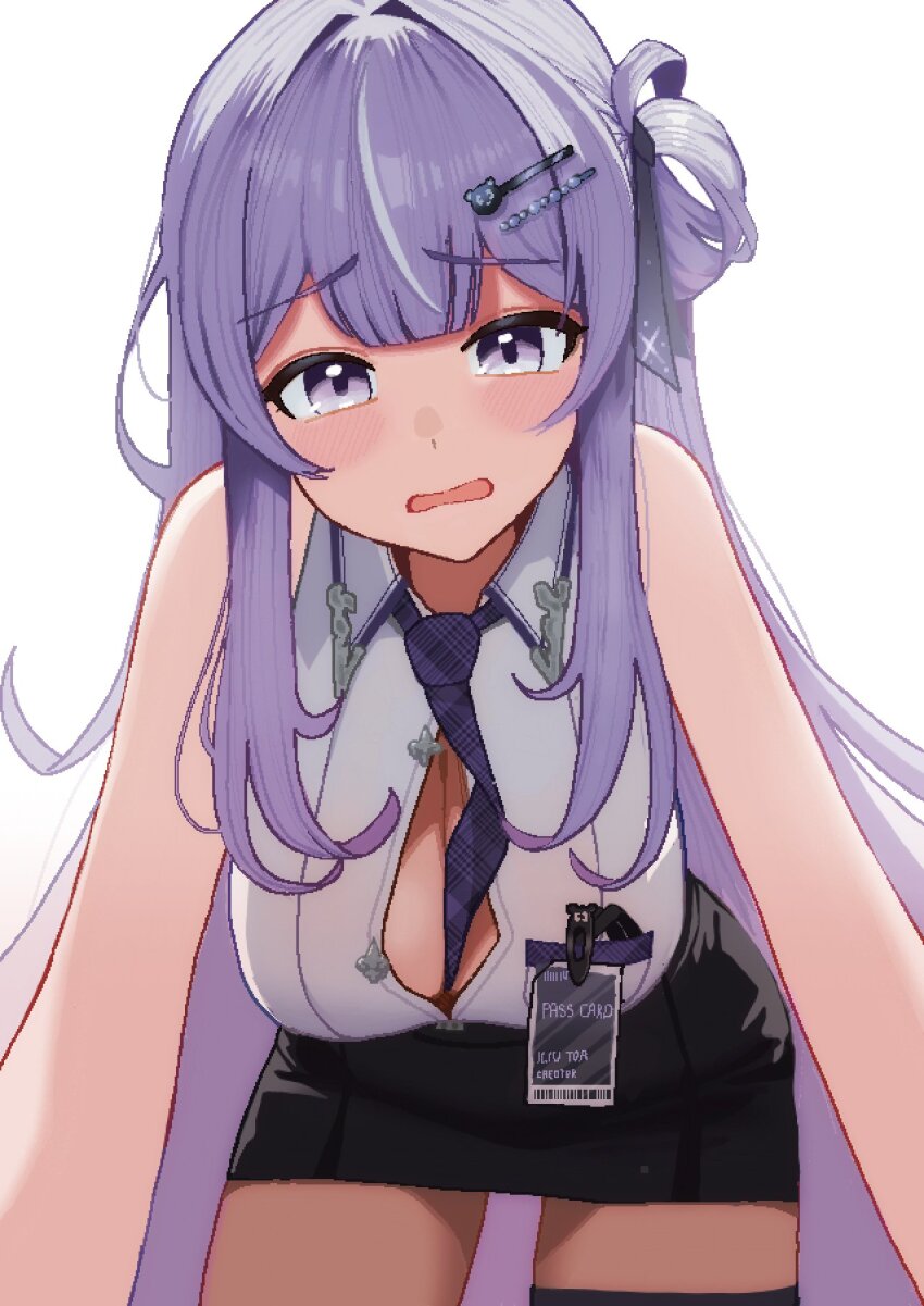 1girl anyak05 bare_arms bare_shoulders bent_over between_breasts black_skirt breast_pocket breasts cleavage collared_shirt commentary_request commission cowboy_shot embarrassed hair_ornament hair_rings hairclip highres id_card iliu_toa korean_commentary large_breasts long_hair looking_at_viewer miniskirt multicolored_hair necktie necktie_between_breasts open_mouth otometale partially_unbuttoned pencil_skirt pocket purple_eyes purple_hair purple_necktie second-party_source shirt simple_background skirt sleeveless sleeveless_shirt solo streaked_hair very_long_hair virtual_youtuber white_background white_shirt