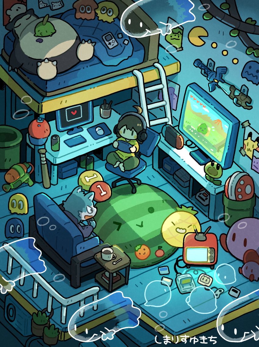 2boys absurdres artist_name bed bulbasaur carpet commentary couch ditto doseisan famicom game_boy game_console game_freak gamecube gen_1_pokemon gen_3_pokemon ghost gulpin handheld_game_console headphones highres holding holding_handheld_game_console indoors inkling inky_(pac-man) isometric kirby ladder master_sword monitor multiple_boys nintendo nintendo_switch original pac-man pikachu pillow piranha_plant plant playing_games pokemon potted_plant shimarisu_yukichi sitting snorlax stuffed_toy suika_game super_nintendo super_soaker swivel_chair table television water_gun wolf_boy