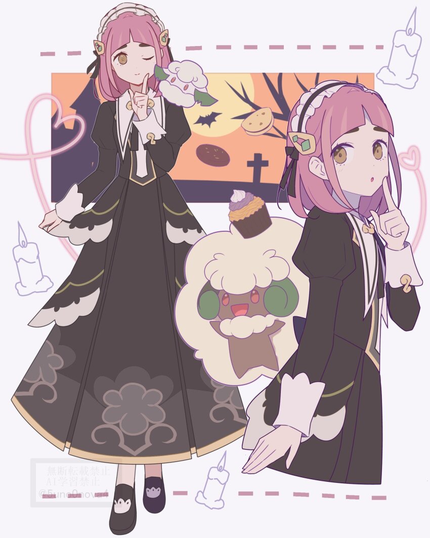 1girl 343rone absurdres arched_bangs bare_tree bat_(animal) black_dress brown_eyes closed_mouth cottonee cupcake dress food full_moon gen_5_pokemon hair_ornament hairclip halloween halloween_costume headdress heart highres juliet_sleeves lacey_(fall_2025)_(pokemon) lacey_(pokemon) long_sleeves maid maid_headdress moon nintendo official_alternate_costume one_eye_closed open_mouth orange_sky parted_lips pink_hair pokemon pokemon_(creature) pokemon_masters_ex puffy_sleeves short_hair sky smile tombstone tree whimsicott white_headdress wings