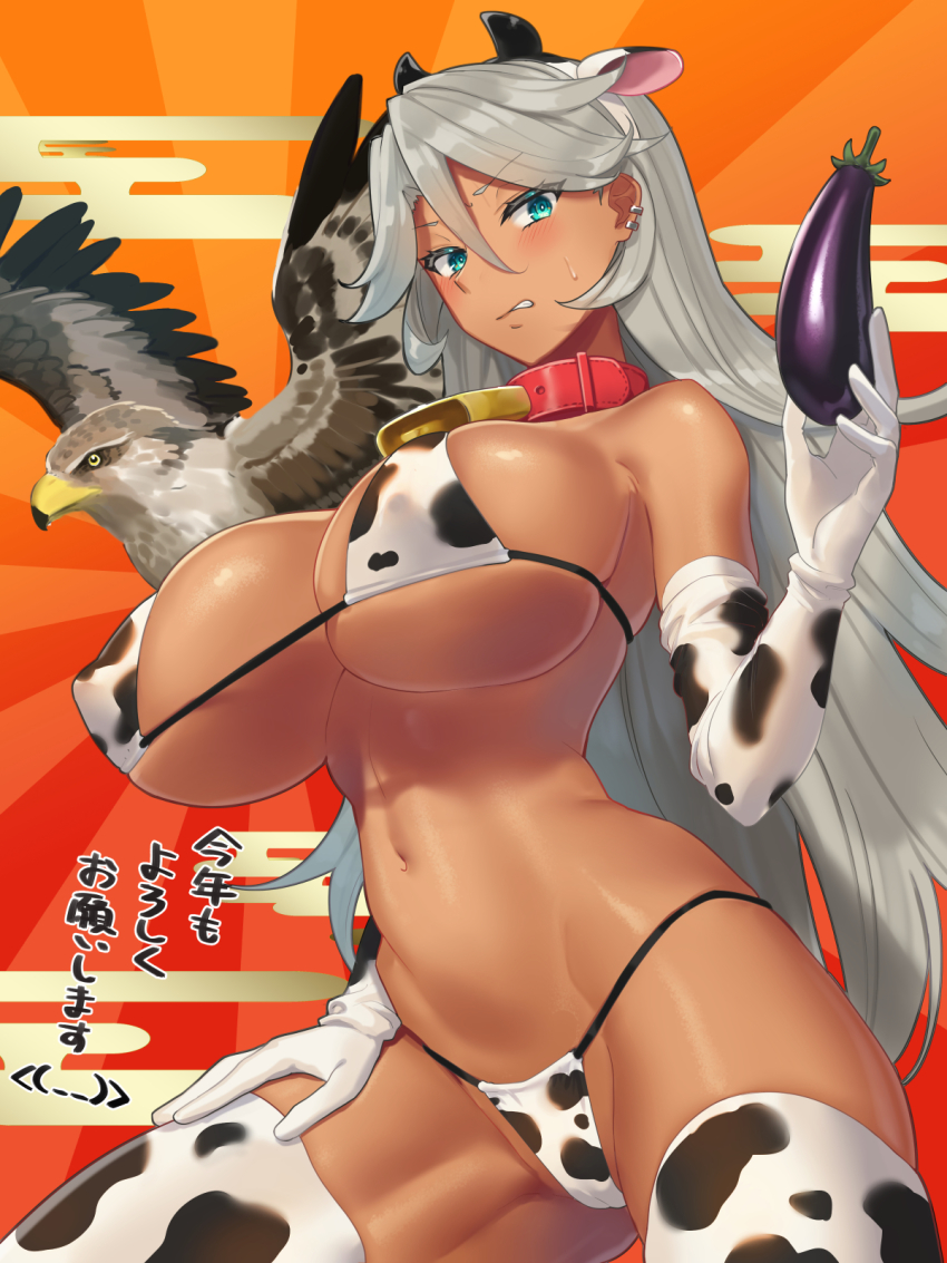 1girl animal_ears animal_print aqua_eyes bell belt_collar bikini bird breasts cleavage clenched_teeth collar commentary_request covered_erect_nipples cow_ears cow_horns cow_print cow_print_bikini cow_print_gloves cow_print_thighhighs cowboy_shot dark-skinned_female dark_skin ear_piercing egasumi eggplant elbow_gloves eyes_visible_through_hair fake_animal_ears fake_horns falcon food gloves hair_between_eyes hatsuyume highres holding holding_food holding_vegetable horns kotoyoro large_breasts long_hair looking_at_viewer micro_bikini navel neck_bell new_year ohlia original piercing print_bikini print_gloves print_thighhighs red_collar silver_hair skindentation standing sun sweatdrop swimsuit teeth thick_thighs thighhighs thighs toned translated underboob vegetable very_long_hair