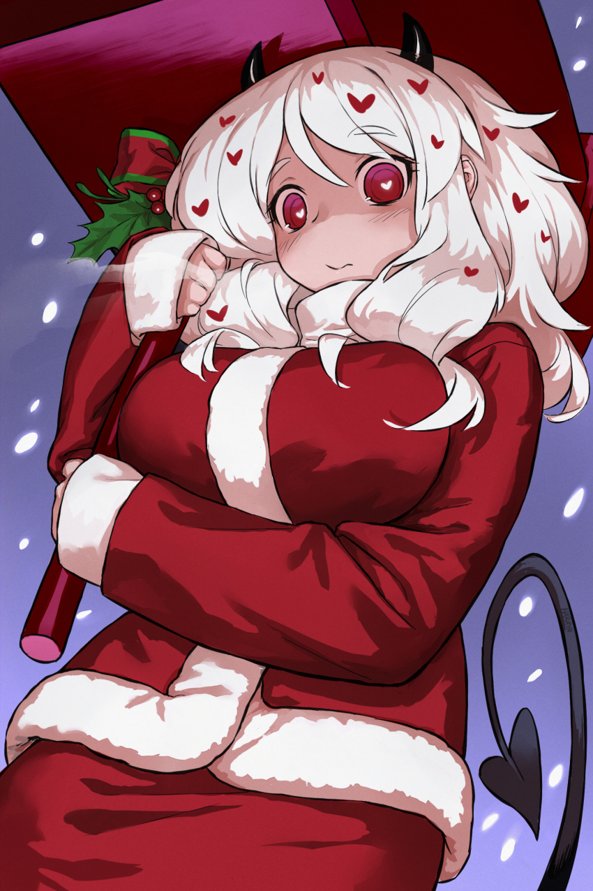 1girl black_horns black_tail blush breasts christmas demon_girl demon_horns demon_tail fur_trim hammer haraya_manawari heart heart-shaped_pupils helltaker highres holding holding_hammer horns large_breasts looking_at_viewer medium_hair mistletoe modeus_(helltaker) red_eyes santa_costume sledgehammer solo symbol-shaped_pupils tail war_hammer weapon white_hair