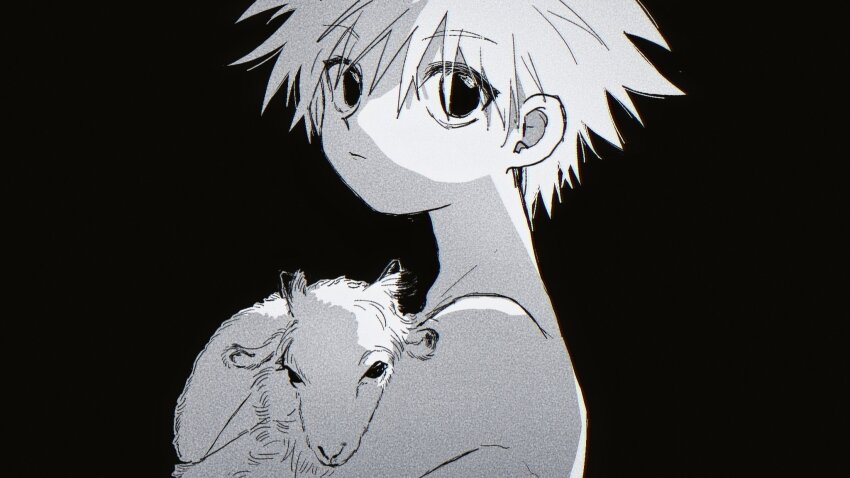1boy animal bishounen black_background close-up closed_mouth film_grain from_side greyscale highres holding holding_animal holding_sheep hunter_x_hunter killua_zoldyck looking_to_the_side male_focus monochrome mumian67053620 portrait sheep short_hair simple_background solo topless_male