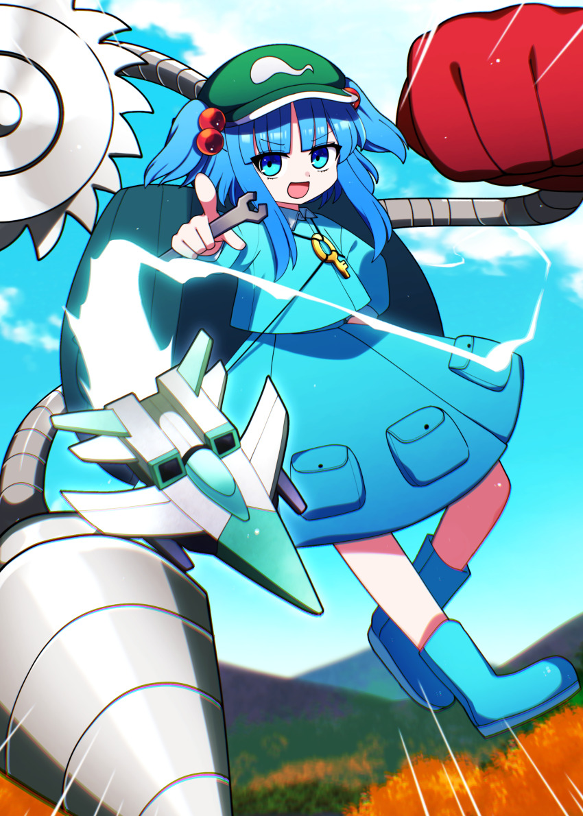 1girl absurdres blue_boots blue_eyes blue_hair blue_shirt blue_skirt boots cloud gears hat highres kawashiro_nitori open_mouth shirt short_hair skirt sky smile solo touhou wrench you_(noanoamoemoe)