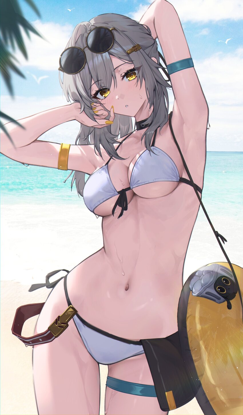 1girl absurdres alternate_costume arm_behind_head arm_strap armpits arms_up beach bikini breasts commentary cowboy_shot eyewear_on_head fingernails front-tie_bikini_top front-tie_top grey_hair hair_ornament halterneck hand_up highres honkai:_star_rail honkai_(series) large_breasts long_hair looking_at_viewer nail_polish navel outdoors round_eyewear sasa_(sasa_ekakiman) side-tie_bikini_bottom sidelocks solo stelle_(honkai:_star_rail) stomach sunglasses swimsuit thigh_strap trailblazer_(honkai:_star_rail) underboob wet white_bikini yellow_eyes yellow_nails