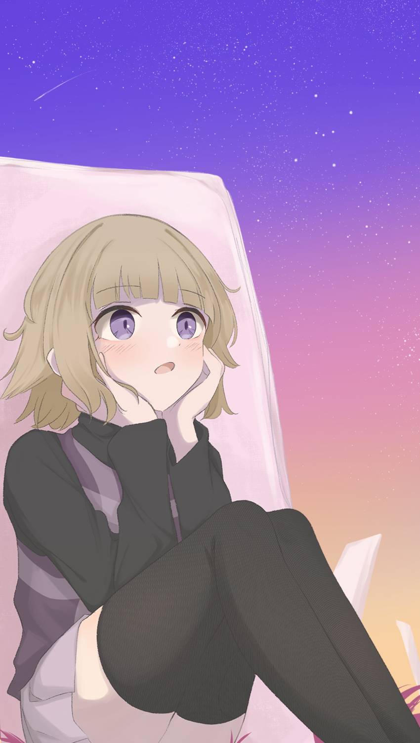1girl black_sweater black_thighhighs blonde_hair blunt_bangs dot_nose falling_star hands_on_own_cheeks hands_on_own_face highres looking_afar mitarashi_dayo open_mouth outdoors plaid_clothes plaid_vest purple_eyes purple_sky purple_sweater_vest purple_vest short_hair sitting skirt sky solo star_(sky) starry_sky surprised sweater sweater_vest thighhighs urotsuki vest white_skirt yume_2kki zettai_ryouiki