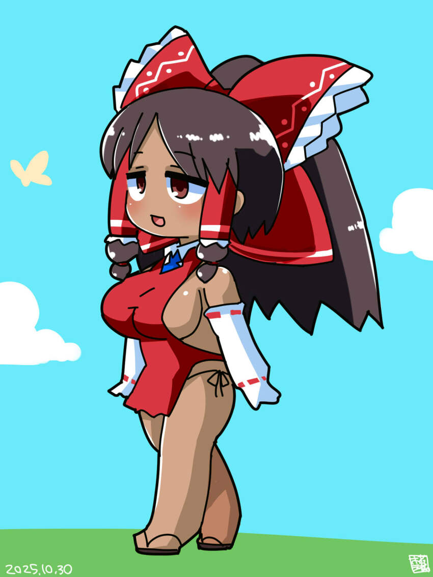 1girl agucala_(cookie) black_hair blue_necktie blue_sky blush bow breasts brown_eyes brown_hair bug butterfly cloud commentary_request cookie_(touhou) dark-skinned_female dark_skin dated day dress elbow_gloves frilled_bow frilled_hair_tubes frills full_body gloves hair_bow hair_tubes hakurei_reimu highres insect itini-sanshi large_breasts long_hair necktie open_mouth outdoors red_bow red_dress sideboob sideless_dress sidelocks sky solo standing touhou walking white_gloves yellow_butterfly