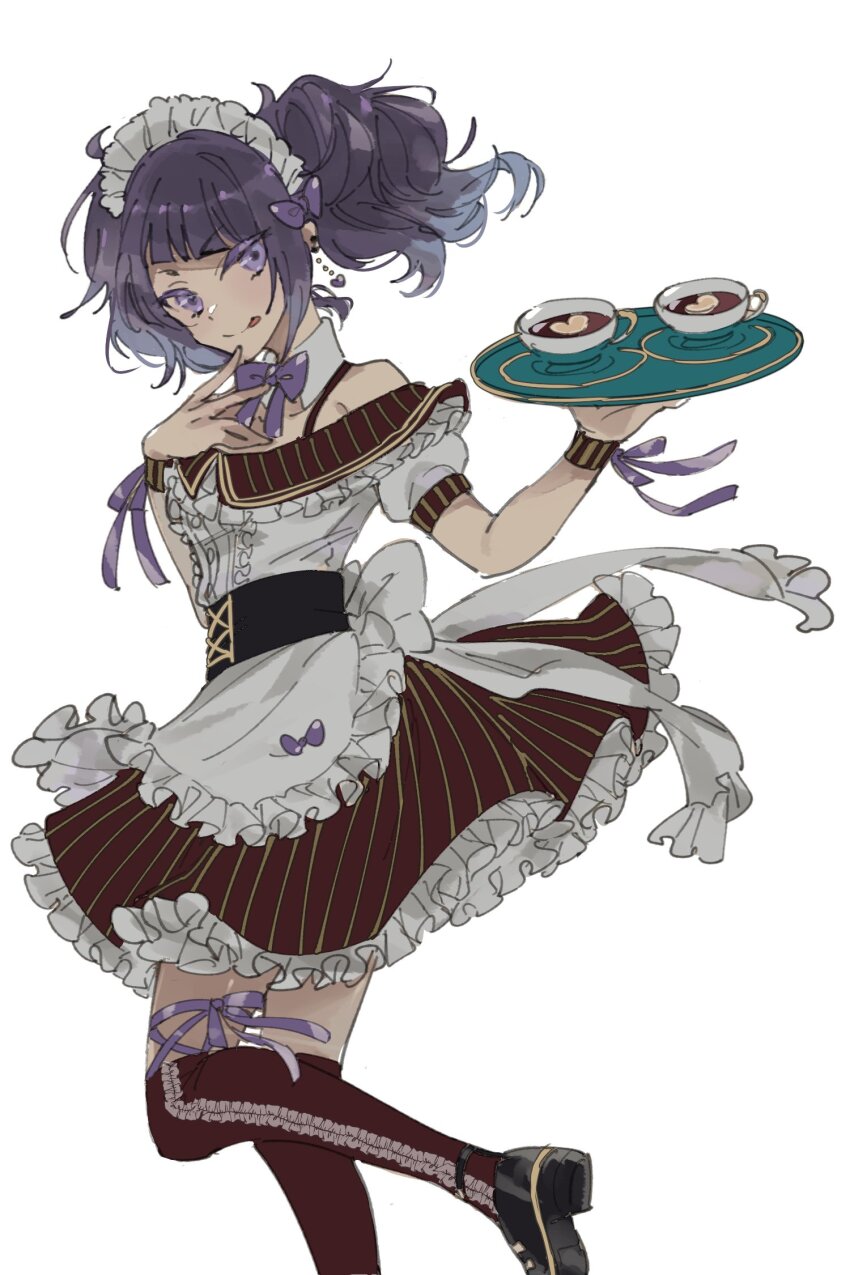 1girl apron bare_shoulders black_corset black_shoes blunt_bangs bow breasts brown_dress brown_thighhighs collar collarbone corset cup detached_collar diagonal_bangs dress earrings floating_hair frilled_dress frills from_side hair_bow hair_ribbon hand_up heart heart_earrings highres holding holding_tray idolmaster idolmaster_shiny_colors jewelry leg_ribbon long_hair looking_at_viewer medium_breasts neck_ribbon off-shoulder_dress off_shoulder purple_eyes purple_hair purple_ribbon ribbon shoes short_sleeves short_twintails simple_background smile solo standing standing_on_one_leg swimrain tanaka_mamimi thigh_ribbon thighhighs tongue tongue_out tray twintails two-tone_wristband waist_apron white_apron white_background white_bow white_collar white_headdress wrist_ribbon zettai_ryouiki
