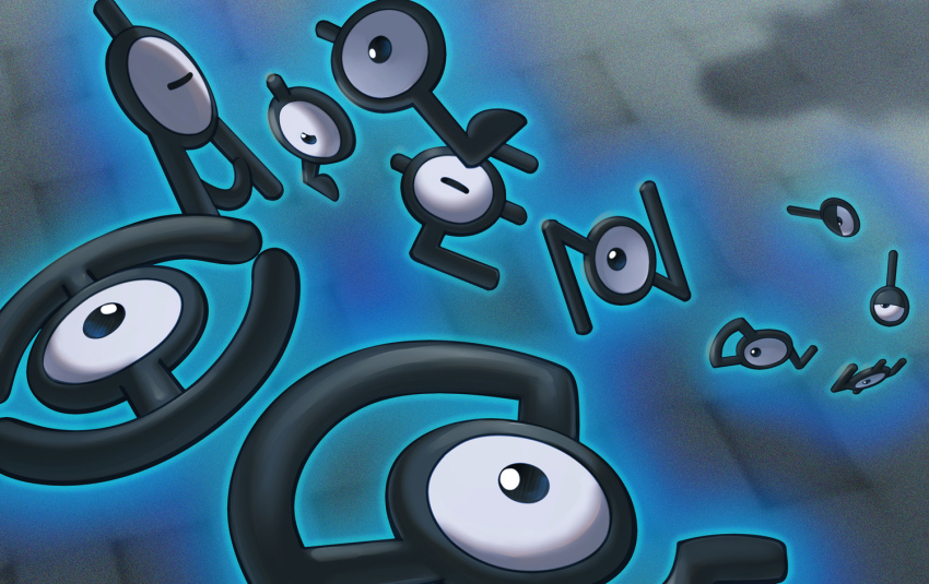 black_eyes blurry closed_eyes commentary_request film_grain floating gen_2_pokemon glowing half-closed_eye looking_at_another naoki_eguchi nintendo no_humans pokemon pokemon_(creature) unown unown_! unown_? unown_a unown_c unown_e unown_g unown_h unown_l unown_n