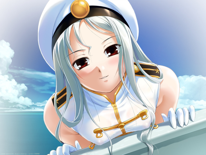 1girl bare_shoulders beret blush breasts close-up cloud covered_erect_nipples day female_focus gloves hat highres honda_naoki kuki-sama lime-iro_senkitan long_hair looking_at_viewer military military_uniform nipples no_bra ocean red_eyes robingi see-through_clothes silver_hair sky sleeveless small_breasts smile solo water white_gloves