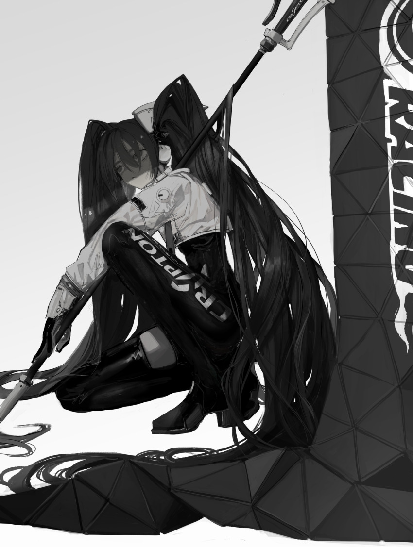 1girl boots commentary cropped_jacket gloves goodsmile_company goodsmile_racing greyscale hatsune_miku highres holding jacket long_hair long_sleeves monochrome narue racing_miku racing_miku_(2022) simple_background solo squatting thigh_boots variant_set very_long_hair vocaloid