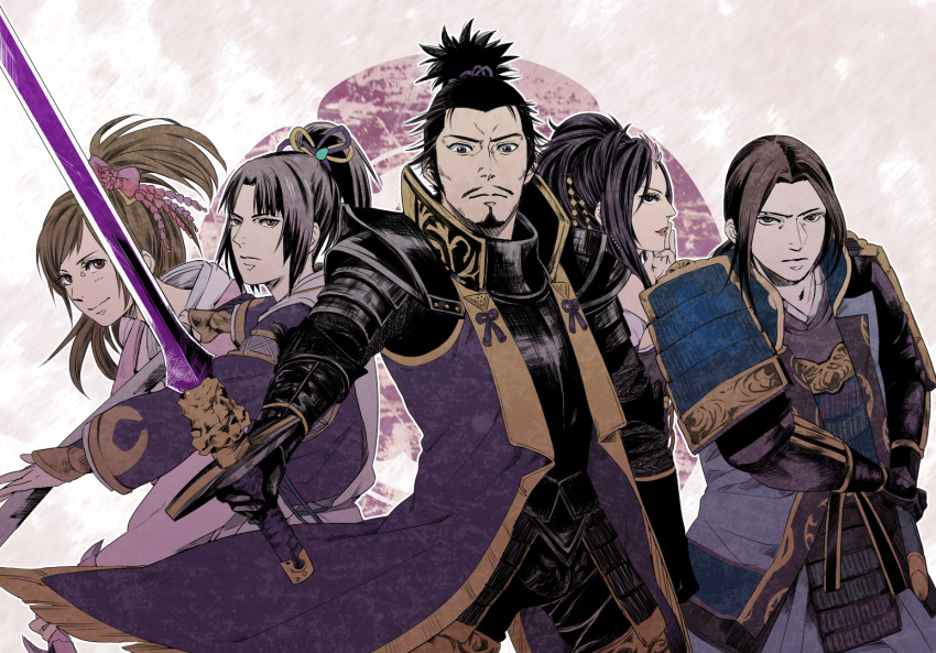 akechi_mitsuhide_(sengoku_musou) armor black_hair brown_hair facial_hair goatee hair_ribbon japanese_clothes katana mori_ranmaru nouhime oda_nobunaga oichi ponytail ribbon sengoku_musou sword weapon