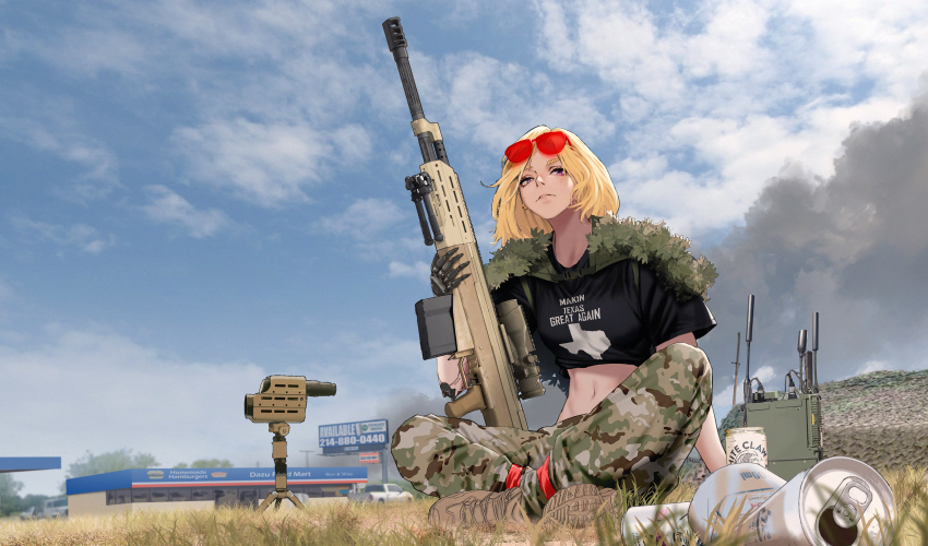 1girl absurdres ak-50 alcohol anti-materiel_rifle bipod blonde_hair boots brown_boots camouflage camouflage_pants can car chinese_commentary cloud cloudy_sky commentary commission convenience_store crop_top drink_can english_commentary eyewear_on_head grass gun highres holding holding_gun holding_weapon indian_style looking_at_viewer make_america_great_again mechanical_arms midriff mixed-language_commentary mole mole_under_eye motor_vehicle multiple_moles navel original outdoors pants parted_lips pickup_truck purple_eyes radio radio_antenna range_finder red-tinted_eyewear restaurant rifle scope second-party_source seltzer shop short_hair shuten_(project_sky) single_mechanical_arm sitting sky sniper_rifle solo sunglasses texas tinted_eyewear truck weapon white_claw_(brand)