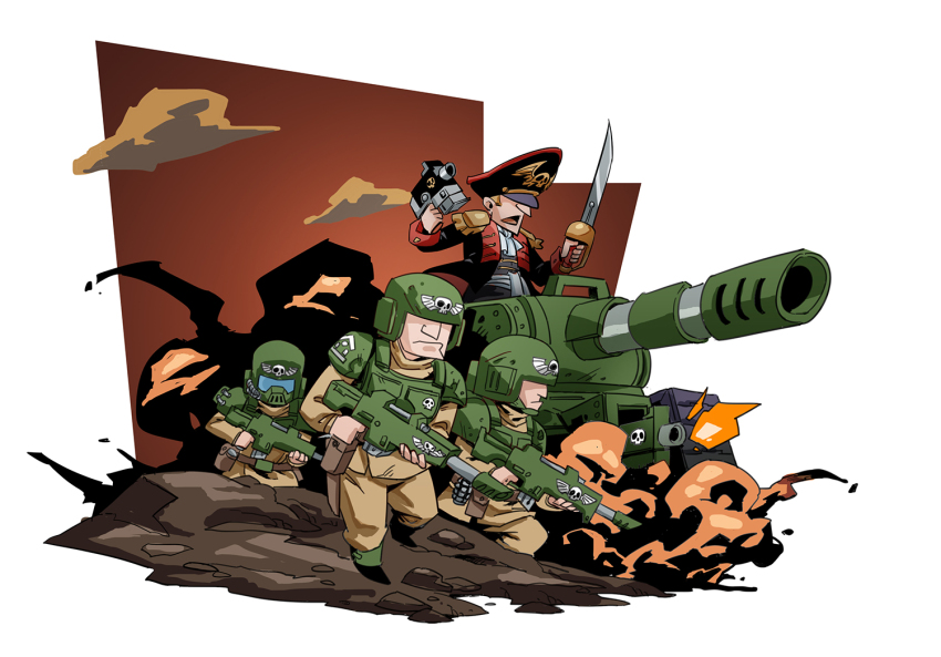 army astra_militarum cannon commissar gun hat helmet imperium_of_man military military_uniform military_vehicle motor_vehicle multiple_boys rmulderz soldier sword tank war warhammer_40k weapon
