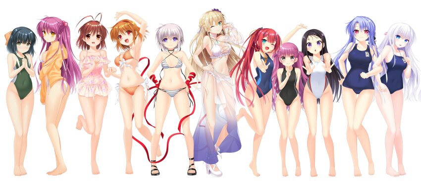 &gt;:) 6+girls :d ;) ;d absurdres ahoge alternate_costume antenna_hair aqua_eyes arm_ribbon arm_up armpits bare_arms bare_legs bare_shoulders barefoot bikini black_choker black_footwear black_hair black_one-piece_swimsuit blonde_hair blue_hair blue_one-piece_swimsuit blunt_bangs blunt_ends blush bow bow_bikini braid breasts brown_eyes brown_hair casual_one-piece_swimsuit charlotte_(anime) choker clannad collarbone commentary commission company_connection contrapposto covered_navel criss-cross_halter crossover curvy double_v double_w eyes_visible_through_hair feet flower frilled_one-piece_swimsuit frills full_body furukawa_nagisa futaki_kanata gluteal_fold green_eyes grey_eyes grey_hair grin groin hair_between_eyes hair_bobbles hair_bow hair_flower hair_ornament hairband hairclip half_up_braid half_updo halterneck hand_on_own_hip hand_up hands_on_own_hips hands_up heaven_burns_red highleg highleg_one-piece_swimsuit highres holding_hands interlocked_fingers kagari_(rewrite) kamiyama_shiki kanon katou_umi key_(company) large_breasts little_busters! locked_arms long_hair long_ribbon looking_at_viewer medium_breasts medium_hair multiple_crossover multiple_girls naruse_shiroha navel off-shoulder_bikini off_shoulder one-piece_swimsuit one_eye_closed open_mouth orange_bikini orange_bow otosaka_ayumi otou_(otou_san) outstretched_arm own_hands_together parted_bangs pink_one-piece_swimsuit polka_dot polka_dot_bikini ponytail purple_eyes purple_flower purple_hair red_bow red_eyes red_hairband red_ribbon rewrite ribbon sandals school_uniform side-by-side side-tie_bikini_bottom sideboob sidelocks simple_background small_breasts smile smug soles sorakado_ao standing standing_on_one_leg striped_bikini striped_clothes suginami_mutsumi summer_pockets swimsuit tareme tassel tassel_hair_ornament thigh_gap thighs toujou_tsukasa tsukimiya_ayu tsurime twin_braids two_side_up v v-shaped_eyebrows very_long_hair w white_background white_bikini white_bow white_hair wrist_bow yellow_eyes