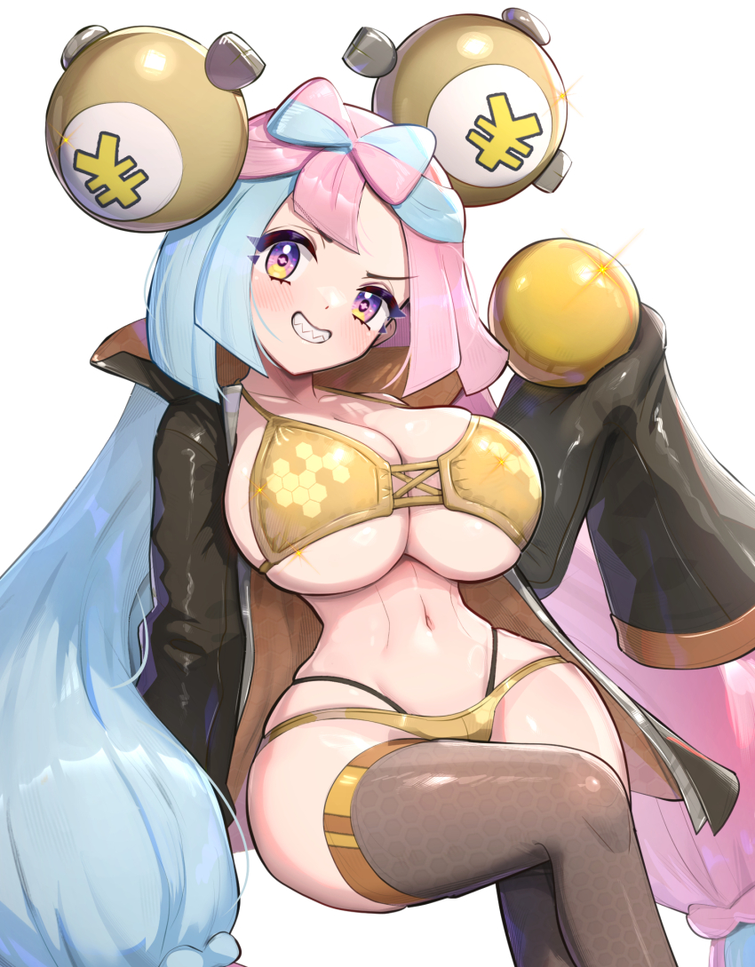 1girl absurdres alternate_costume bikini black_jacket blue_hair blush bow-shaped_hair breasts character_hair_ornament fake_hair_bun full_body gold_bikini gonzarez hair_ornament highres iono_(pokemon) jacket large_breasts long_hair long_sleeves looking_at_viewer multicolored_hair nintendo nugget_(pokemon) open_clothes open_jacket pink_hair pokemon pokemon_sv sharp_teeth simple_background sleeves_past_fingers sleeves_past_wrists smile solo split-color_hair swimsuit teeth thighhighs two-tone_hair white_background