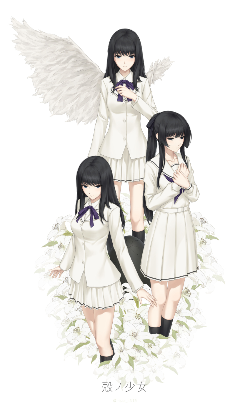 3girls absurdres asymmetrical_wings black_hair bow bowtie flower hands_on_own_chest highres kara_no_shoujo kayahara_yukiko kuchiki_touko lily_(flower) long_hair miniskirt miura-n315 multiple_girls neckerchief pleated_skirt ponytail purple_bow purple_bowtie purple_eyes purple_neckerchief school_uniform serafuku shirt sidelocks skirt white_serafuku white_shirt white_skirt white_wings wings