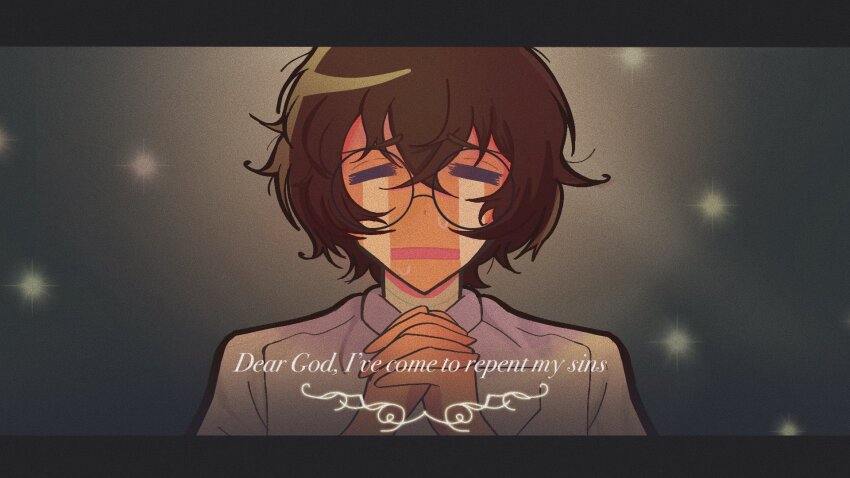 1boy bandaged_neck bandages blurry blurry_background brown_hair bungou_stray_dogs closed_eyes coat crossed_bangs crying dazai_osamu_(bungou_stray_dogs) double-parted_bangs english_text grey_coat highres male_focus open_mouth own_hands_together pikpip praying solo sweatdrop upper_body