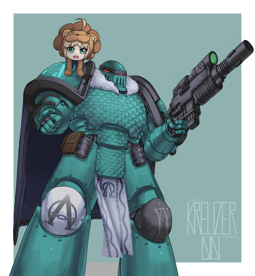 adeptus_astartes ahoge animal_costume animal_ears armor artoria_pendragon_(fate) blonde_hair breastplate chaos_space_marine coat commission explosive fate_(series) green_armor green_background green_eyes grenade highres holding holding_weapon kreuzer_00 lion lion_costume looking_at_viewer pauldrons pointing pointing_at_viewer power_armor red_eyes saber_lion scales shoulder_armor sidelocks twitter_username warhammer_40k weapon