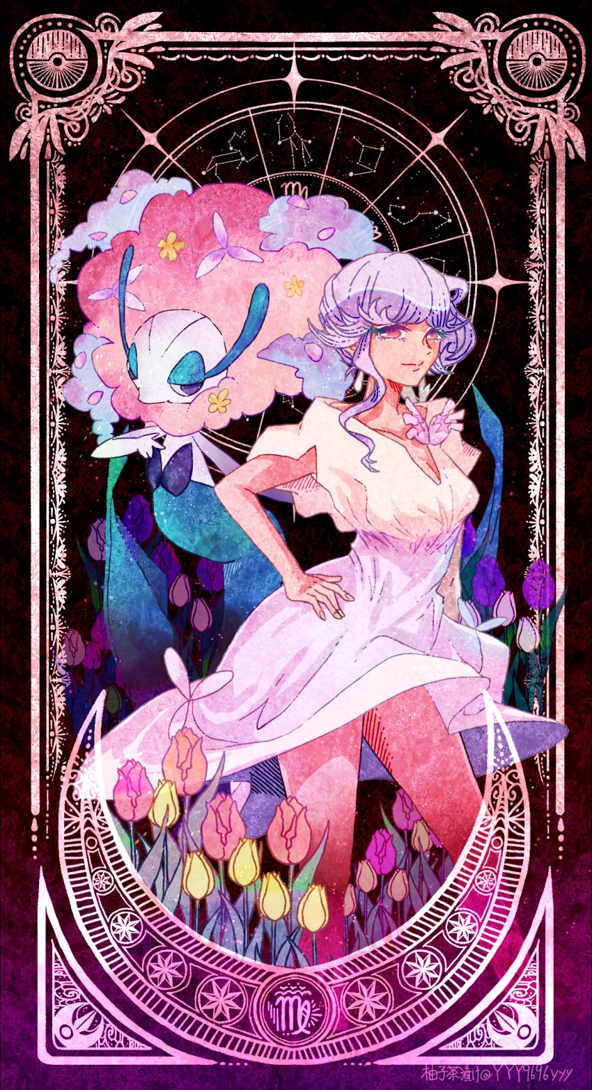 1girl brown_eyes closed_mouth commentary_request constellation creatures_(company) dress florges florges_(red_flower) flower game_freak gen_3_pokemon gen_6_pokemon hand_on_own_hip highres lunatone nintendo poke_ball_symbol pokemon pokemon_(creature) pokemon_sv purple_hair sky smile star_(sky) starry_sky tulip tulip_(pokemon) white_dress yyy9696yyy zodiac