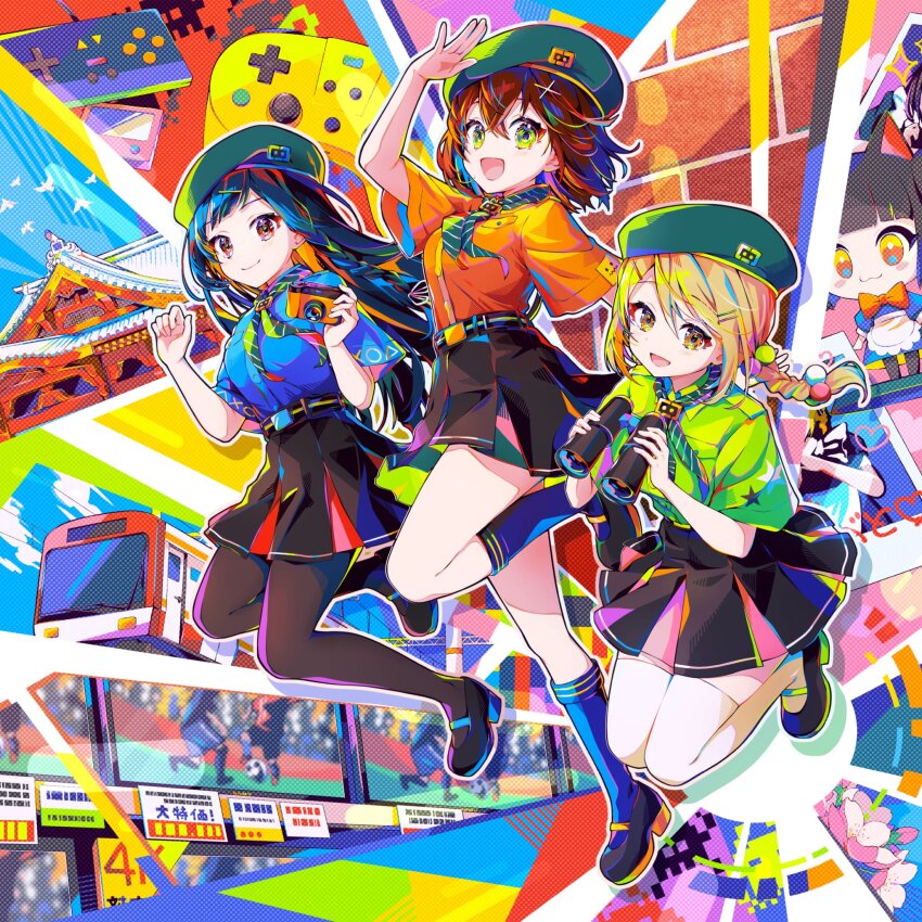 album_cover belt beret binoculars black_belt black_footwear black_pantyhose black_skirt blonde_hair blue_hair blue_shirt blue_socks brown_hair controller cover denonbu full_body game_controller green_eyes green_shirt hat hidaka_reina_(denonbu) highres holding holding_binoculars jumping kayano_futaba kneehighs long_hair looking_at_viewer necktie official_alternate_costume official_art open_mouth orange_shirt pantyhose pleated_skirt red_eyes shachi_no_maru shinonome_kazune shirt shoes short_hair short_sleeves skirt smile socks train yellow_eyes