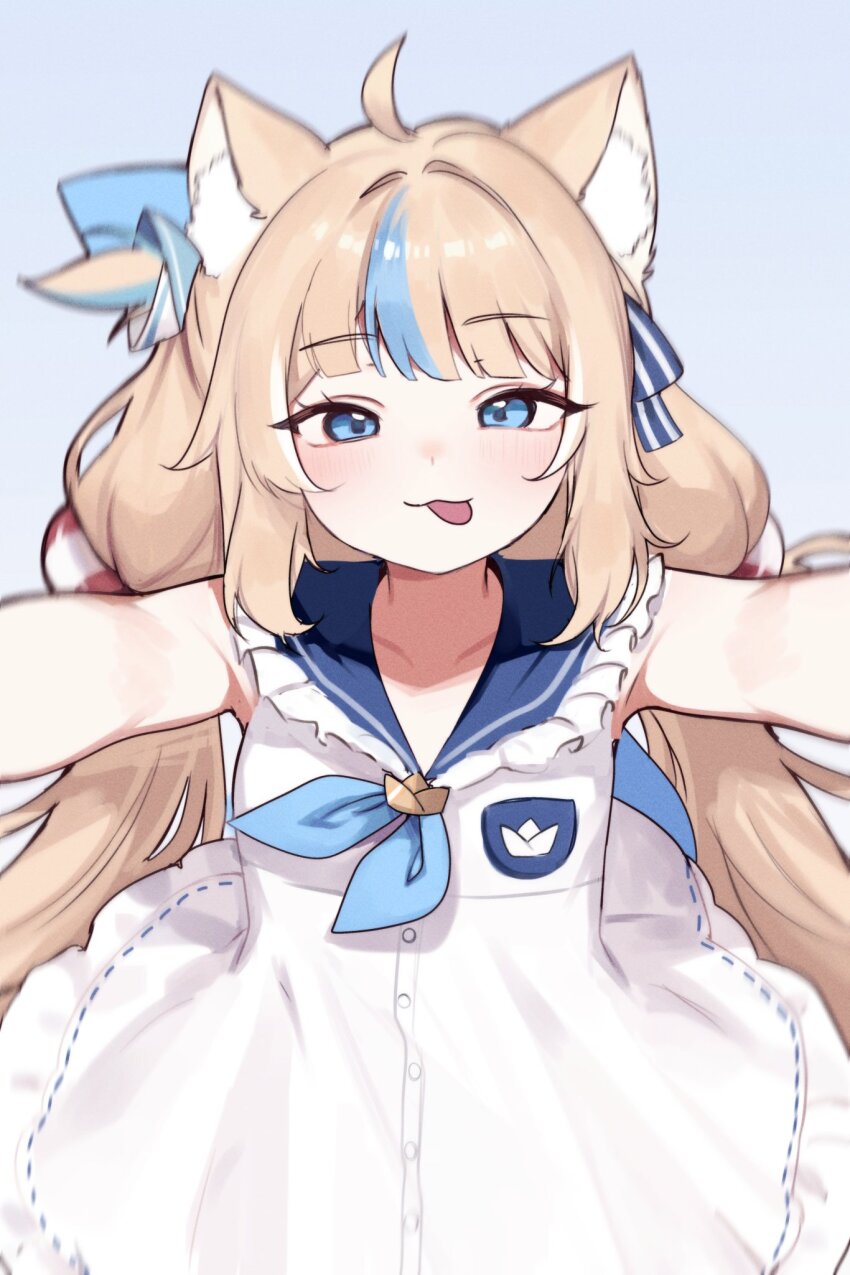 1girl :3 ahoge animal_ears blue_background blue_eyes blue_hair blue_neckerchief blue_ribbon blue_sailor_collar brown_hair cat_girl closed_mouth collarbone commentary dress english_commentary hair_ribbon highres indie_virtual_youtuber lifebuoy_hair_ornament looking_at_viewer multicolored_hair neckerchief outstretched_arms ribbon sailor_collar sameko_saba sky_above_me smile solo streaked_hair striped_ribbon tongue tongue_out twintails two-tone_hair virtual_youtuber white_dress
