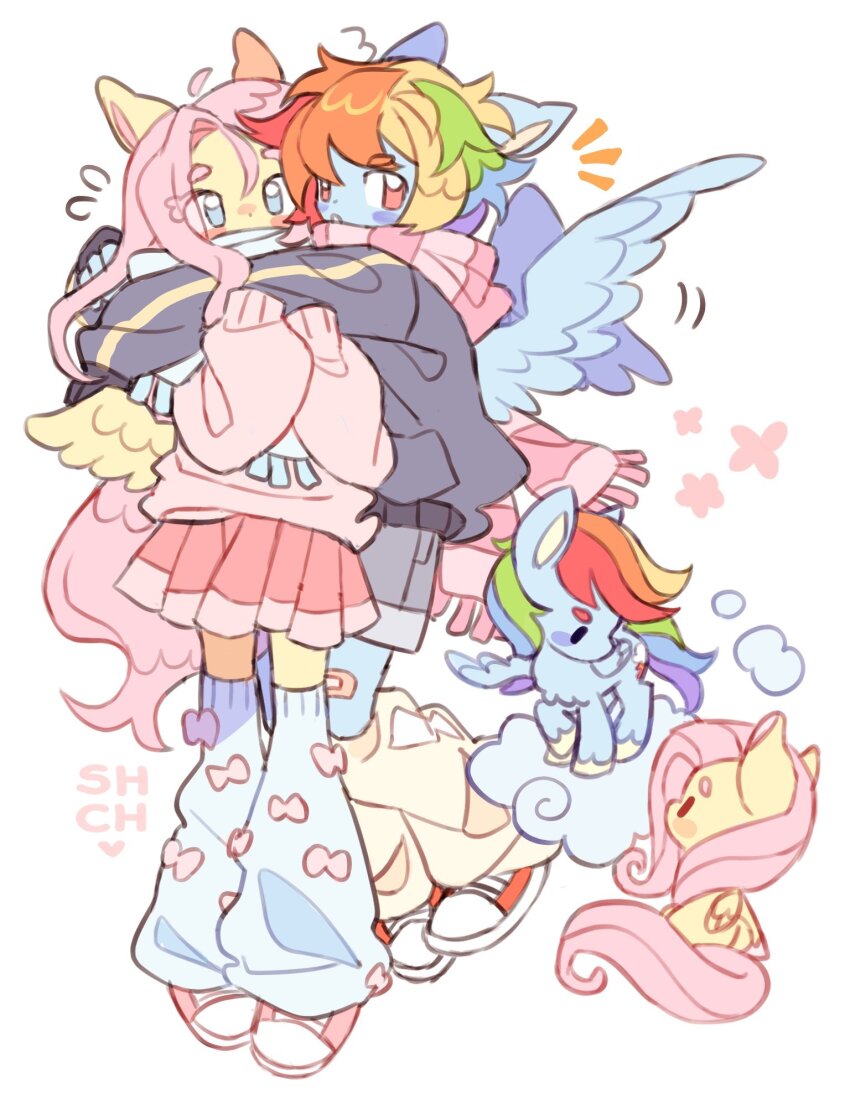 2girls animal animal_ears bandaid bandaid_on_leg blue_eyes blue_leg_warmers blue_skin blue_wings blush bow bow_print bug butterfly chibi cloud colored_skin commentary english_commentary feathered_wings fluttershy grey_jacket grey_shorts highres horse_ears hug humanization insect jacket leg_warmers long_hair long_sleeves multicolored_hair multiple_girls my_little_pony my_little_pony:_friendship_is_magic open_mouth original pink_bow pink_hair pink_scarf pink_shoes pink_skirt pink_sweater pony_(animal) rainbow_dash rainbow_hair red_eyes red_footwear scarf sharpycharot shoes short_hair shorts simple_background skirt sleeves_past_fingers sleeves_past_wrists sneakers sweater very_long_hair white_background white_scarf wings yellow_leg_warmers yellow_skin yellow_wings