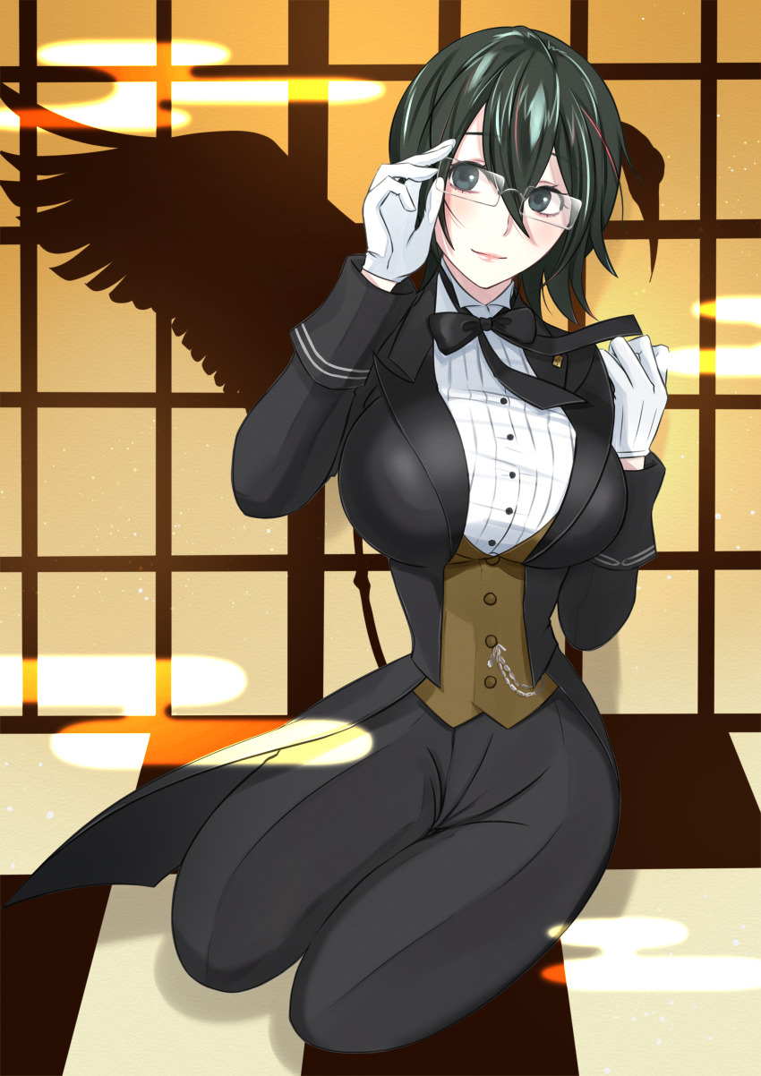 1girl absurdres adjusting_eyewear ayato_g90210 black_bow black_bowtie black_hair black_pants black_suit bow bowtie breasts butler buttons checkered_floor closed_mouth commentary commission cosplay crane_print crossdressing crossdressing_(ftm) female_butler flipped_hair formal_clothes glasses gloves hair_between_eyes hands_up hein_(kof) hein_(kof)_(cosplay) highres iroha_(samurai_spirits) kneeling large_breasts looking_at_viewer pants pixiv_commission samurai_spirits smile snk solo suit tailcoat the_king_of_fighters the_king_of_fighters_xiv traditional_bowtie tuxedo upper_body vest waistcoat white_gloves