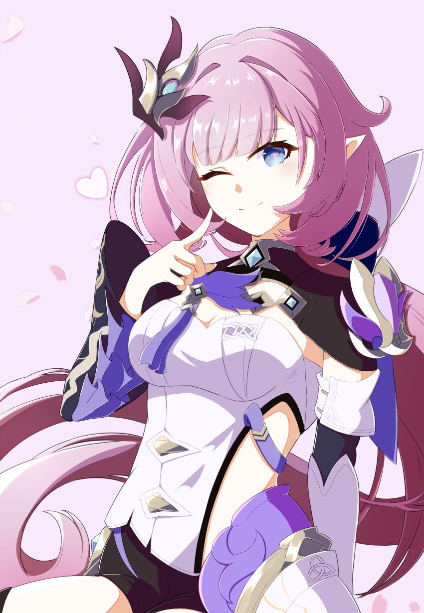 1girl ;) absurdres black_shorts blue_eyes breasts cleavage closed_mouth commentary_request eight_(eight3rd1) elysia_(honkai_impact) elysia_(miss_pink_elf)_(honkai_impact) floating_hair hand_up heart highres honkai_(series) honkai_impact_3rd long_hair long_sleeves looking_at_viewer medium_breasts one_eye_closed petals pink_background pink_hair short_shorts shorts simple_background smile solo very_long_hair wide_sleeves