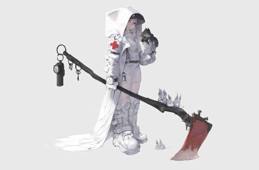 1girl absurdres axe boots cape commentary concept_art creature cross english_commentary full_body gloves grey_background highres holding holding_axe holding_mask hood hood_up hooded_cape jacket key looking_to_the_side mask original red_cross red_eyes shorts simple_background solo ven0305 watch white_boots white_cape white_gloves white_jacket white_shorts wristwatch