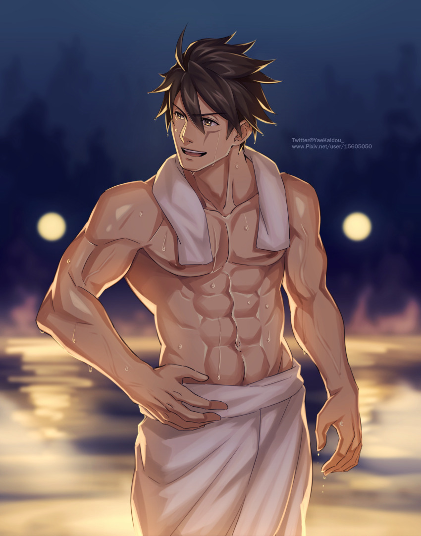 1boy abs absurdres bara brown_eyes brown_hair cheekbones commentary_request cowboy_shot hair_between_eyes highres looking_to_the_side male_focus master_utsushi monster_hunter_(series) monster_hunter_rise muscular muscular_male night onsen open_mouth outdoors pectorals shredded_muscles solo towel towel_around_neck towel_around_waist wet yaekaidou