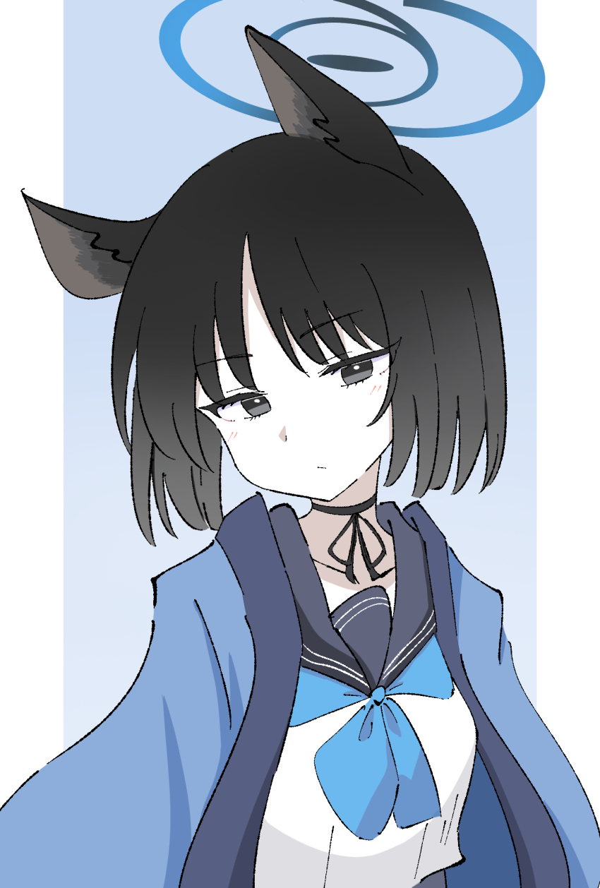 1girl animal_ears black_choker black_eyes black_hair blue_archive blue_background blue_halo blue_haori blue_neckerchief blue_sailor_collar blue_skirt cat_ears choker collarbone commentary_request halo haori hayoo_ww highres japanese_clothes kikyou_(blue_archive) light_blush looking_at_viewer medium_hair neckerchief pout sailor_collar shirt sidelocks skirt solo upper_body white_background white_shirt