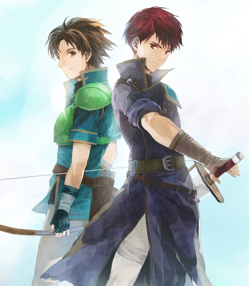 2boys armor arms_at_sides back-to-back bandages belt bow_(weapon) brown_eyes brown_hair cowboy_shot fingerless_gloves fire_emblem fire_emblem:_the_blazing_blade frown gloves highres holding holding_sword holding_weapon kaito_(sawayakasawaday) male_focus multiple_boys nintendo pauldrons quiver raven_(fire_emblem) red_eyes red_hair sheath shoulder_armor sky sleeves_rolled_up sword unsheathing weapon wil_(fire_emblem)