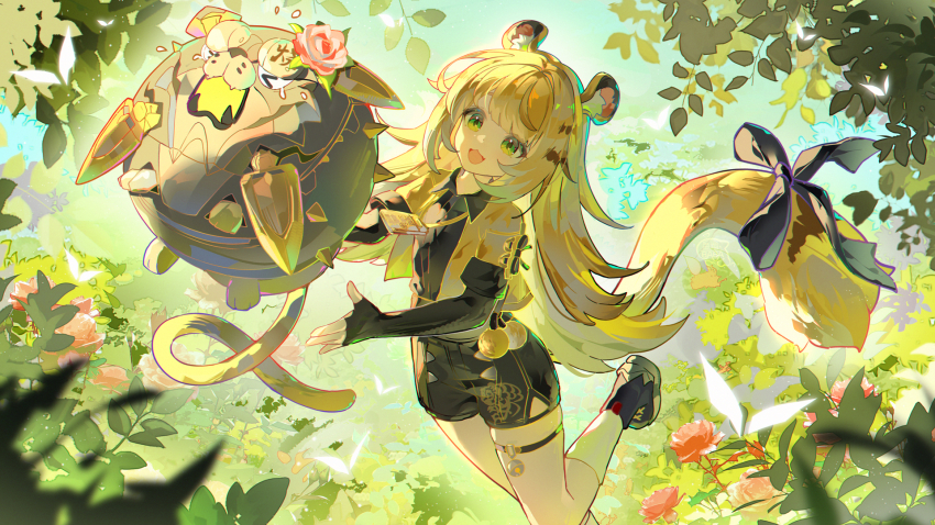 1girl animal_ear_fluff animal_ears black_shorts blonde_hair commentary_request elbow_gloves fingerless_gloves flower gloves green_eyes highres ju_fufu long_hair open_mouth short_shorts shorts solo tail tail_ornament tiger_ears tiger_girl tiger_tail yu_e_baba zenless_zone_zero