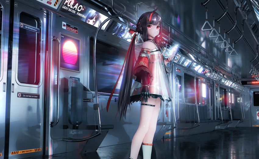 1girl absurdres ahoge artist_name asymmetrical_footwear bare_shoulders black_choker black_gloves black_hair ceiling cellphone character_name chinese_commentary choker commentary_request copyright_name detached_sleeves door dress english_text eyes_visible_through_hair feet_out_of_frame floor gloves hair_ornament hand_grip hand_up highres holding holding_phone long_hair looking_at_viewer low_twintails multicolored_hair original panda_hair_ornament phone pulao:_dragontoll_(dreamweaver)_(pgr) pulao:_dragontoll_(pgr) pulao_(pgr) punishing:_gray_raven red_dress red_eyes red_hair red_sleeves reflection screen_light see-through_clothes seymour_(sai_lu_er) three-quarter_sleeves smartphone smile socks solo split_mouth standing streaked_hair subway synthwave textless_version thigh_strap train_interior twintails two-tone_hair uneven_footwear very_long_hair wall white_socks window wristband