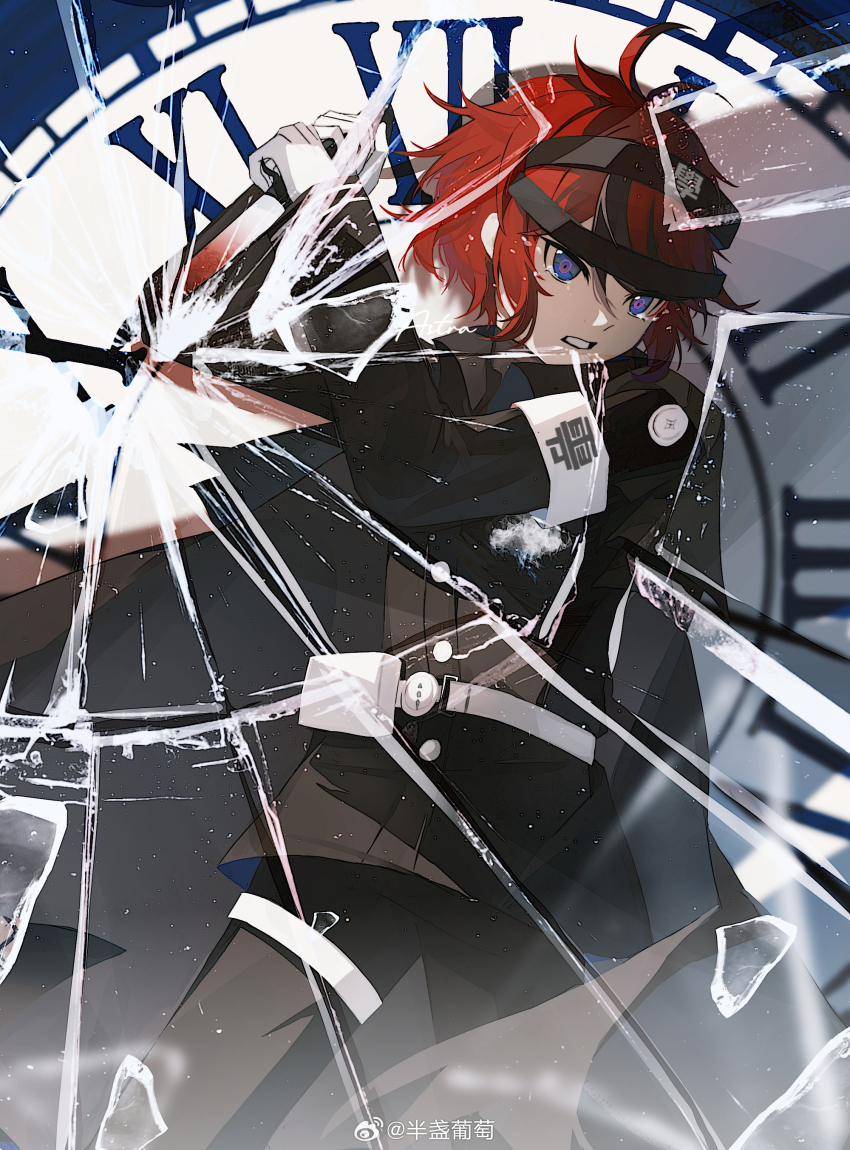 1boy absurdres ahoge armband artist_request belt belt_pouch black_cape black_hair black_jacket black_pants blue_eyes buttons cape chinese_commentary clock commentary_request commission cowboy_shot crack cracked_glass gloves hair_between_eyes highres jacket last_defense_academy_school_uniform male_focus multicolored_hair pants pouch red_hair roman_numeral school_uniform second-party_source short_hair solo streaked_hair sumino_takumi the_hundred_line_-last_defense_academy- thigh_strap two-tone_hair watermark weibo_watermark white_armband white_belt white_gloves