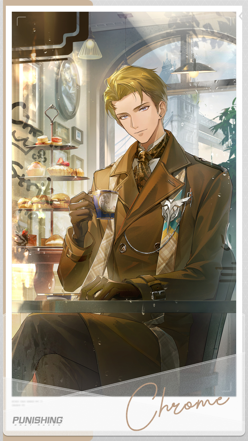 1boy absurdres arched_window belt black_gloves blonde_hair blue_eyes bread brown_belt brown_coat brown_necktie brown_pants burger buttons cake cake_stand ceiling_light chair character_name chrome_(pgr) closed_mouth coat collared_shirt commentary copyright_name crossed_legs cup cupcake double-breasted earrings english_commentary food fruit gloves highres holding holding_cup indoors jewelry long_sleeves looking_at_viewer macaron male_focus necktie official_art pants picture_frame punishing:_gray_raven shirt short_hair solo strawberry table teacup teaspoon trench_coat viewfinder white_shirt window wrist_belt